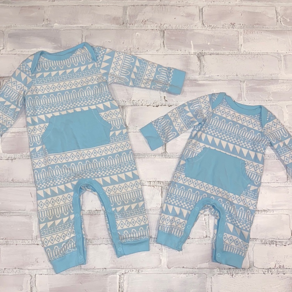 Blue white tribal matching sibling cousin romper set